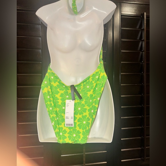 New Urban Outfitters Selena Scarf One piece bathing suit LARGE neon green floral - Picture 6 of 6